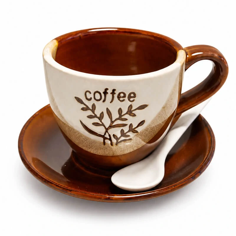 Keramický pohár na kávu 100 ml s podšálkou a lyžičkou COFFEE