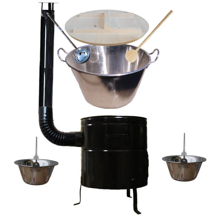 Zabíjačkový nerezový kotol 100 L, kovová kotlina 60 cm, smaltovaná pokrievka + 2 servírovacie antikorové kotlíky
