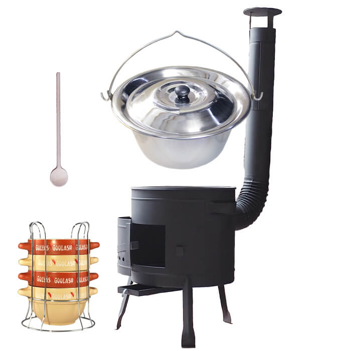 Nerezový kotlík 22 L (0,8 mm) INOX + misky na guláš 4 ks + nízka žiaruvzdorná kotlina 42 PLUS 600