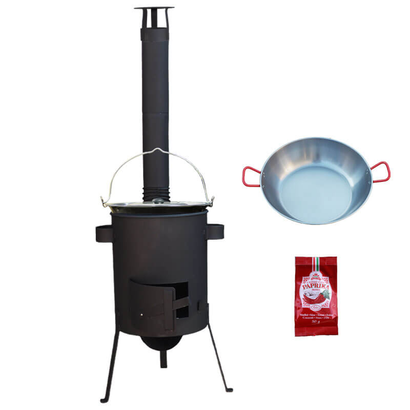 Smaltovaný kotlík 22 L + Panvica PAELLA (WOK) 45 cm + sladká paprika 50 g + žiaruvzdorná kotlina 42 PLUS 600 s roštom na popol 4 mm