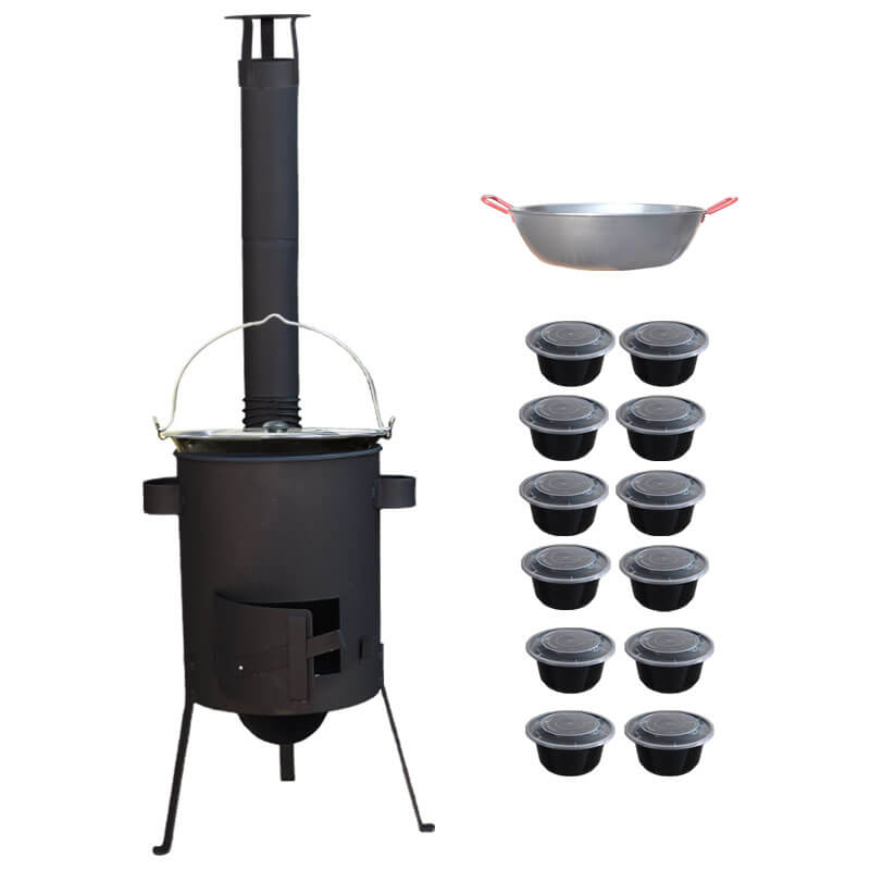 Smaltovaný kotlík 22 L + Panvica PAELLA (WOK) 45 cm + misky 12 ks + žiaruvzdorná kotlina 42 PLUS 600 s roštom na popol 4 mm