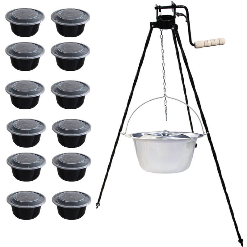 Nerezový kotlík 20 L (0,8 mm) + stojan s kladkou VAR + misky 12 ks