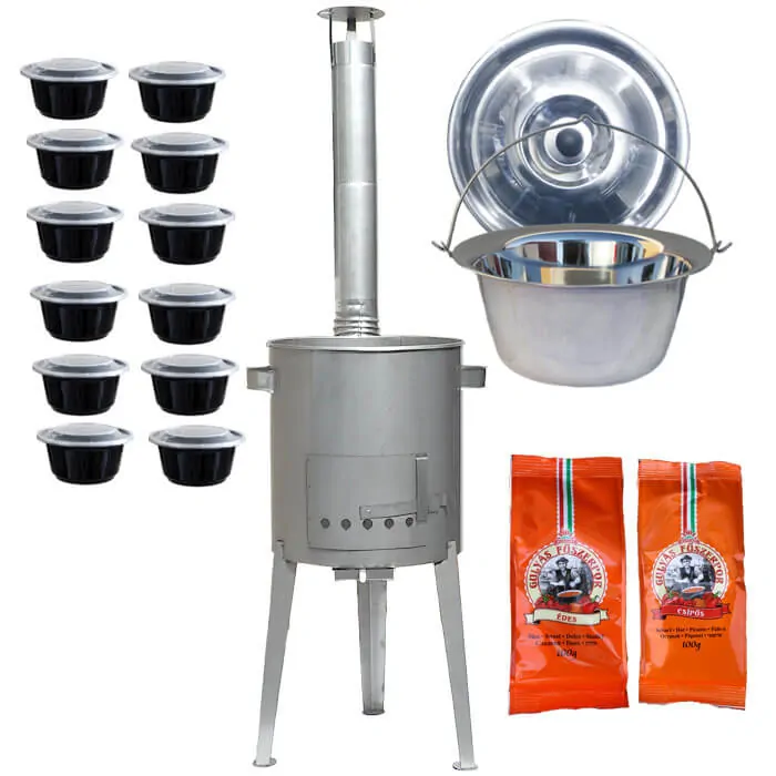Nerezový kotlík 22 L (0,8 mm) INOX + nerezová kotlina 42 cm LUXUS + misky 12 ks + 2 x korenie na guláš 100 g