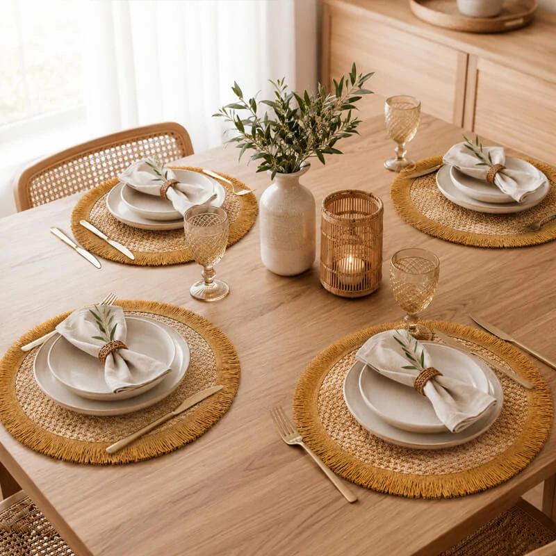 Okrúhle prírodné podložky pod tanier so strapcami 37 cm, 4 ks