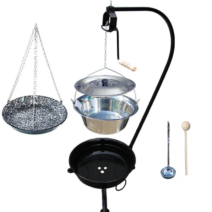 Nerezový kotlík 10 L (1,2 mm) INOX + smaltovaná panvica + ohnisko so stojanom a s poistnou kladkou VAR