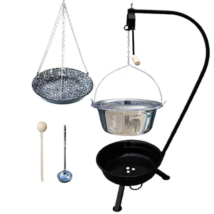 Nerezový kotlík 14 L (0,8 mm) INOX + smaltovaná panvica + ohnisko so stojanom a s poistnou kladkou VAR